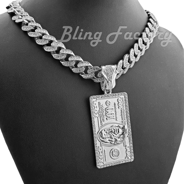 White Gold Plated $100 Dollar Bill Benjamin pendant & 16