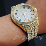 Men's Iced Luxury Multi Color Accent Bling Gold Tone Lab Diamond Bracelet Watch