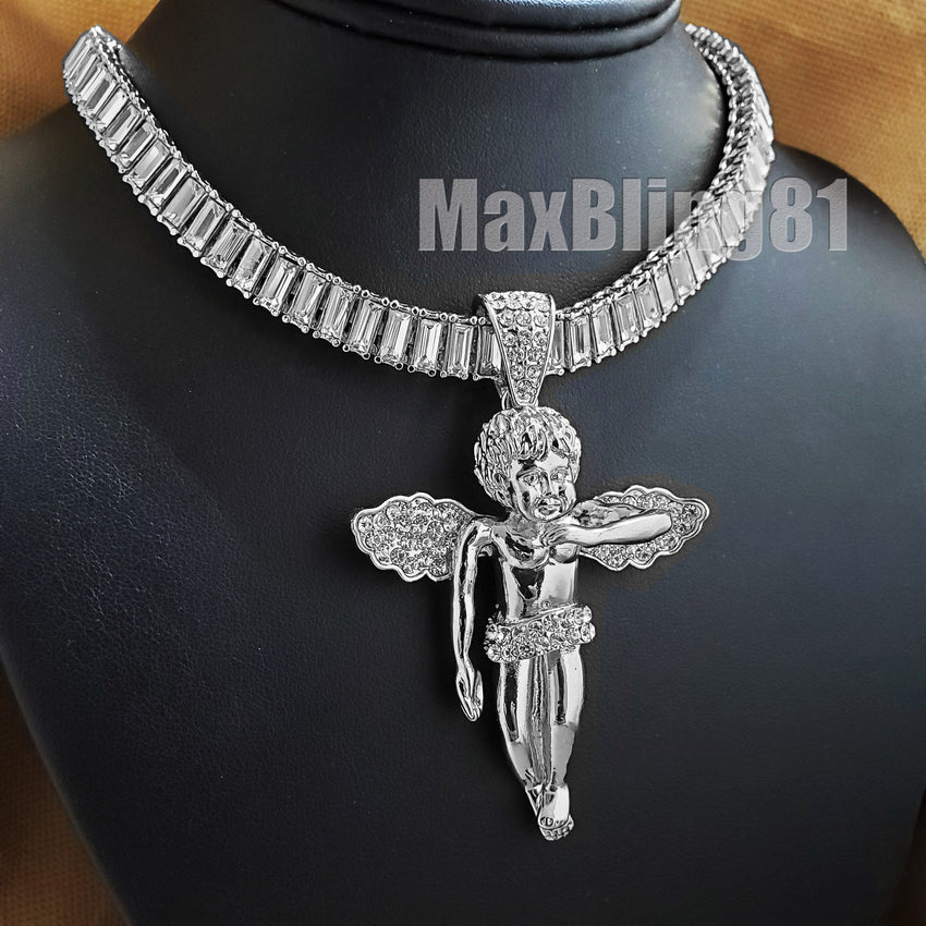 Hip Hop White Gold Plated Baby Angel Pendant & 10mm 18" 20" 24" Iced Baguette Chain Bling Necklace