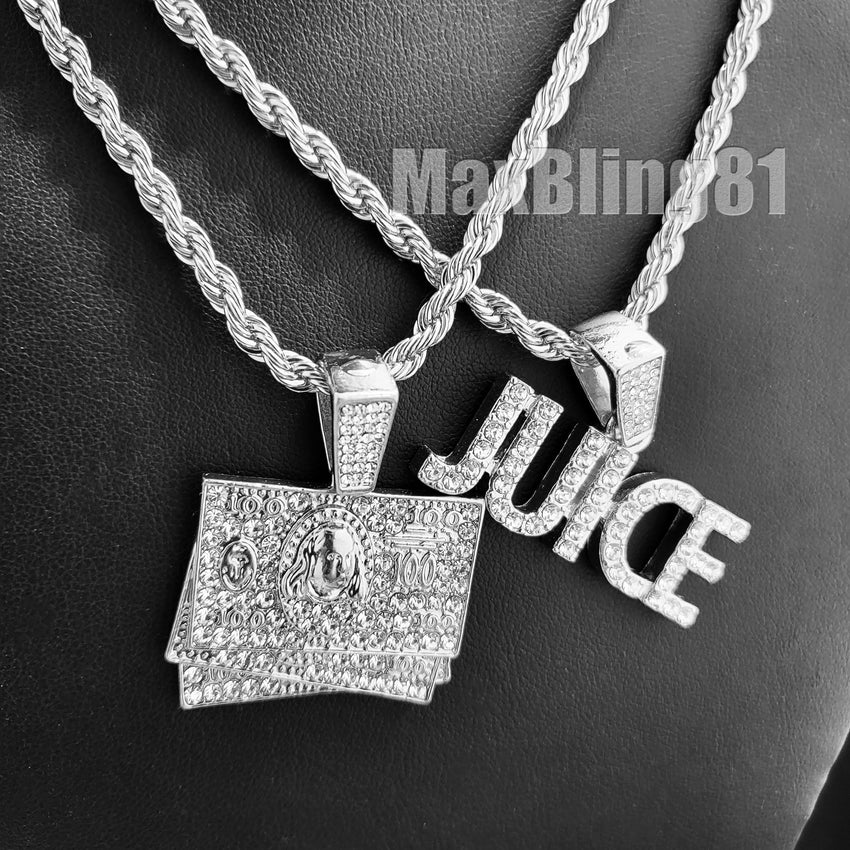 Hip Hop Iced Jewelry $100 Bill & JUICE Pendant & 4mm 24" Rope Chain Fashion Necklace