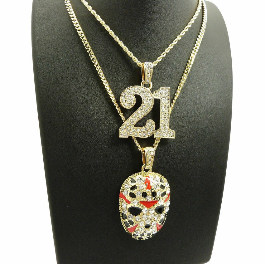 ICED OUT SAVAGE 21 & SLAUGHTER GANG MASK PENDANT & CHAINS 2 NECKLACE COMBO SET