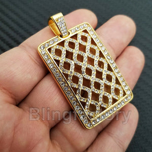 HIP HOP ICED OUT STAINLESS STEEL LAB DIAMOND GOLD PLATED SQUARE PENDANT