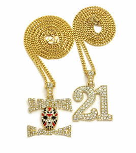 ICED OUT SAVAGE 21 & SLAUGHTER GANG PENDANT & CUBAN CHAINS HIP HOP NECKLACE SET