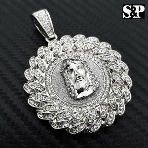 HIP HOP ICED OUT LAB DIAMOND SILVER PLATED UNIQUE STYLE JESUS FACE ROUND PENDANT