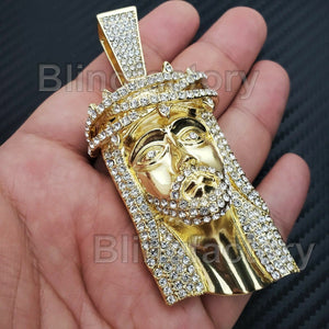 HIP HOP ICED 14K GOLD PLATED BLING LAB DIAMOND LARGE JESUS HEAD PENDANT