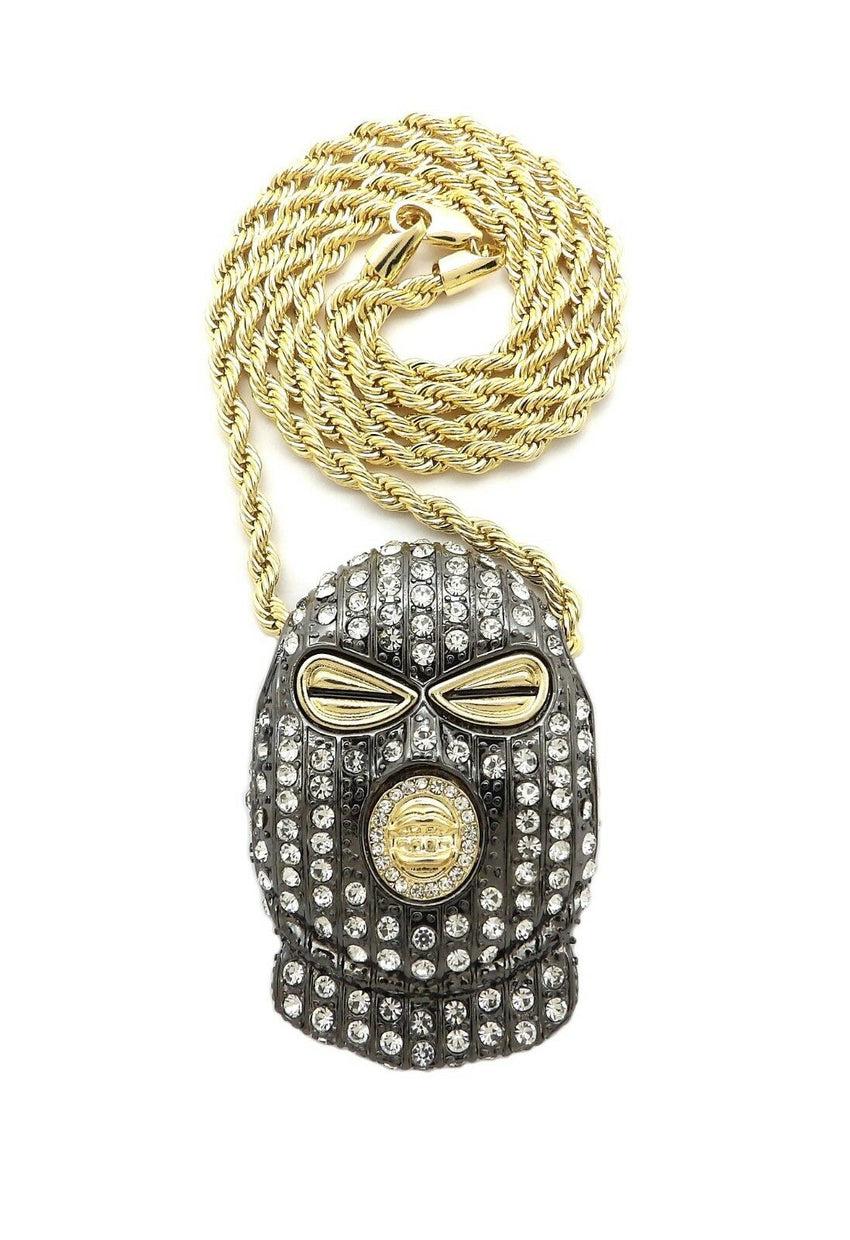 HIP HOP ICED OUT GOLD PT MASKED GOON PENDANT & 4mm 24" ROPE CHAIN NECKLACE