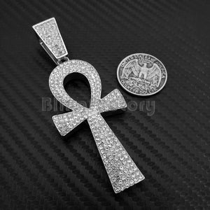 HIP HOP ICED OUT BLING LAB DIAMOND WHITE GOLD PLATED LARGE ANKH CROSS PENDANT