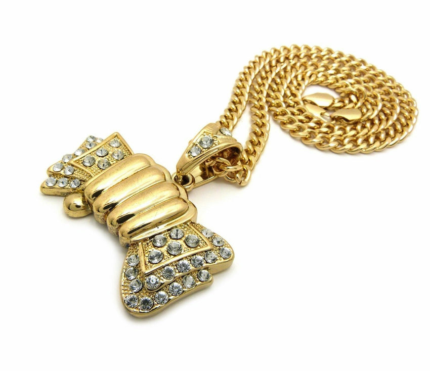 ICED OUT GOLD PLATED MONEY GRAB PENDANT & 6mm 24" CUBAN CHAIN HIP HOP NECKLACE