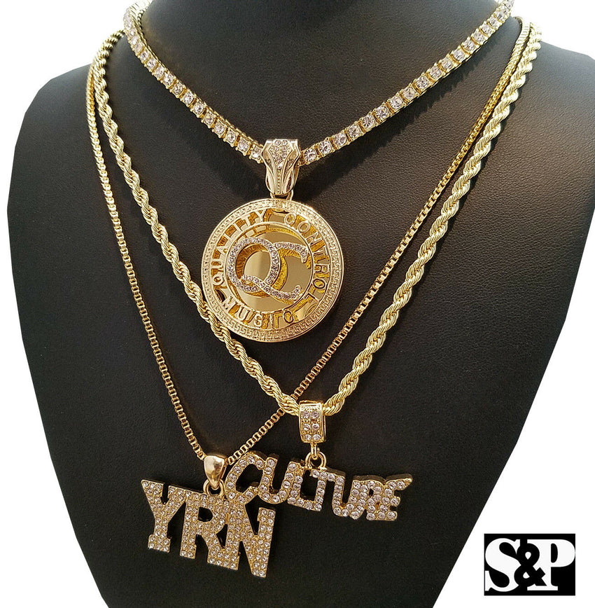 Hip Hop Migos Iced QC w/ Tennis Chain & CULTURE & YRN 3 Necklace Combo set