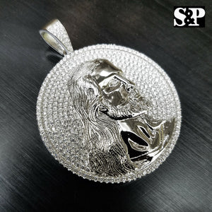 HIP HOP ICED OUT WHITE GOLD PLATED BRASS MICRO PAVE JESUS FACE MEDALLION PENDANT