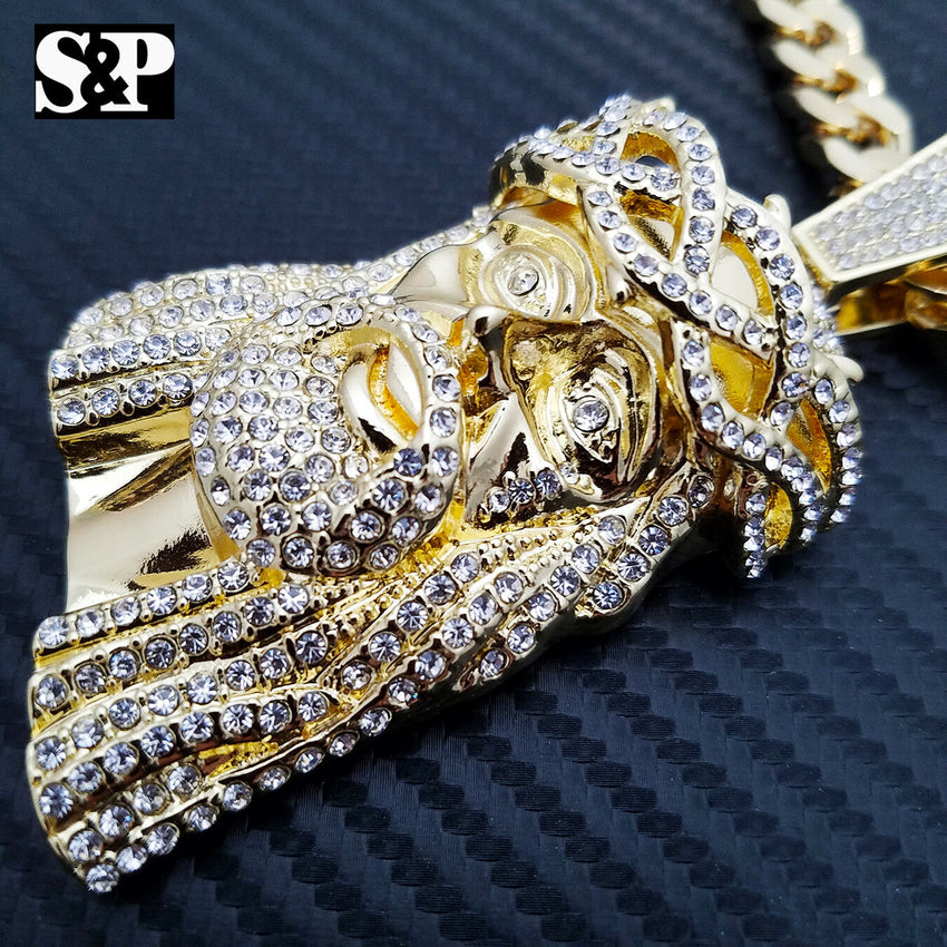 NEW HIP HOP GOLD ICED OUT JUMBO JESUS CZ PENDANT, 10mm 30" CUBAN CHAIN NECKLACE