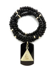 Hip Hop Iced Egyptian Pyramid & Dog Tag Pendant w/ 6mm 30" Wooden Bead Necklace