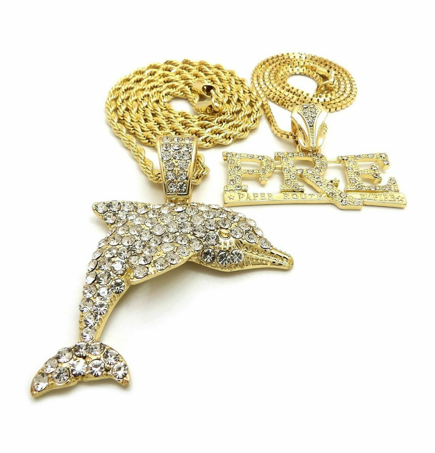 HIP HOP ICED OUT YOUNG DOLPH PRE & DOLPHIN PENDANT & 20", 24" CHAIN NECKLACE SET