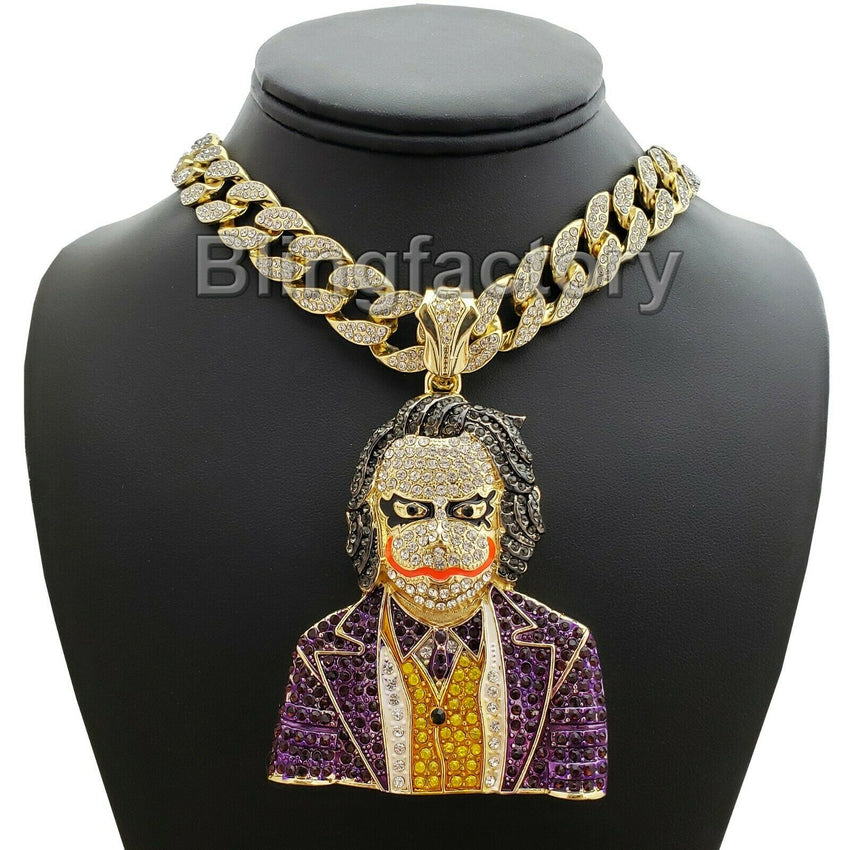 Hip Hop Large JOKER Pendant & 16" Full Iced Miami Cuban Choker Chain Necklace