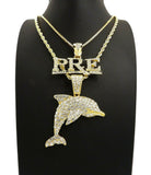 HIP HOP ICED OUT YOUNG DOLPH PRE & DOLPHIN PENDANT & 20", 24" CHAIN NECKLACE SET