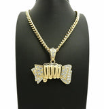 ICED OUT GOLD PLATED MONEY GRAB PENDANT & 6mm 24" CUBAN CHAIN HIP HOP NECKLACE