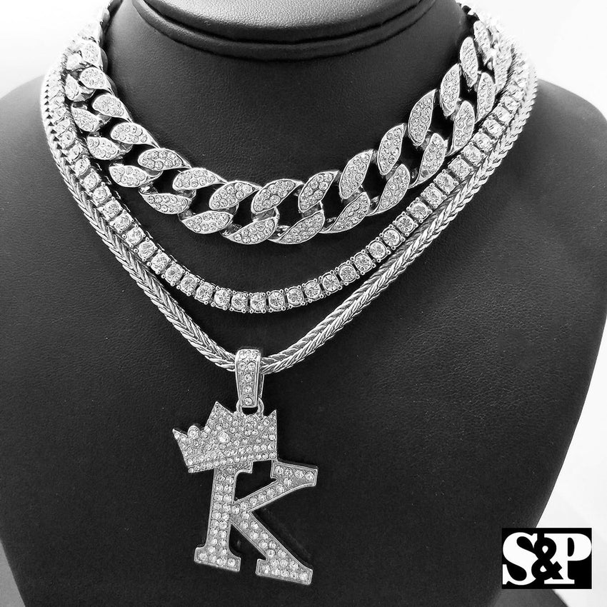 Quavo Choker 16" Full Iced Cuban & 1 ROW DIAMOND Hip Hop CHAIN & "K" Necklace