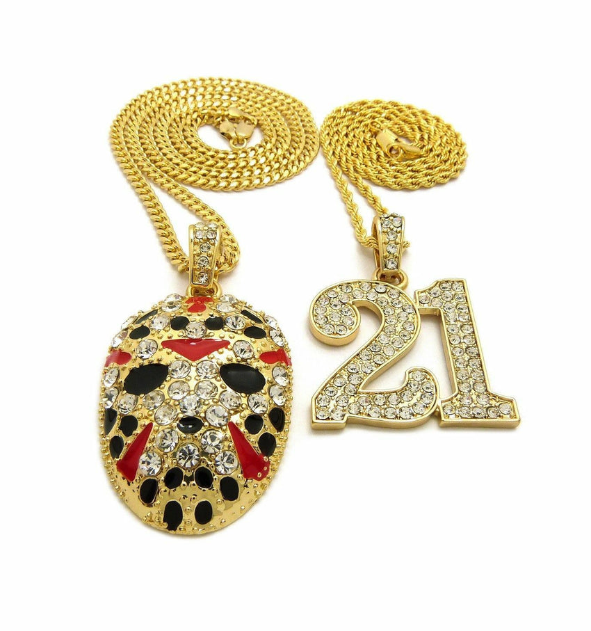 ICED OUT SAVAGE 21 & SLAUGHTER GANG MASK PENDANT & CHAINS 2 NECKLACE COMBO SET