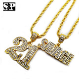 Men's Hip Hop Gold PT SAVAGE 21 Pendant w/ 4mm 24" Rope Chain 2 Necklace set