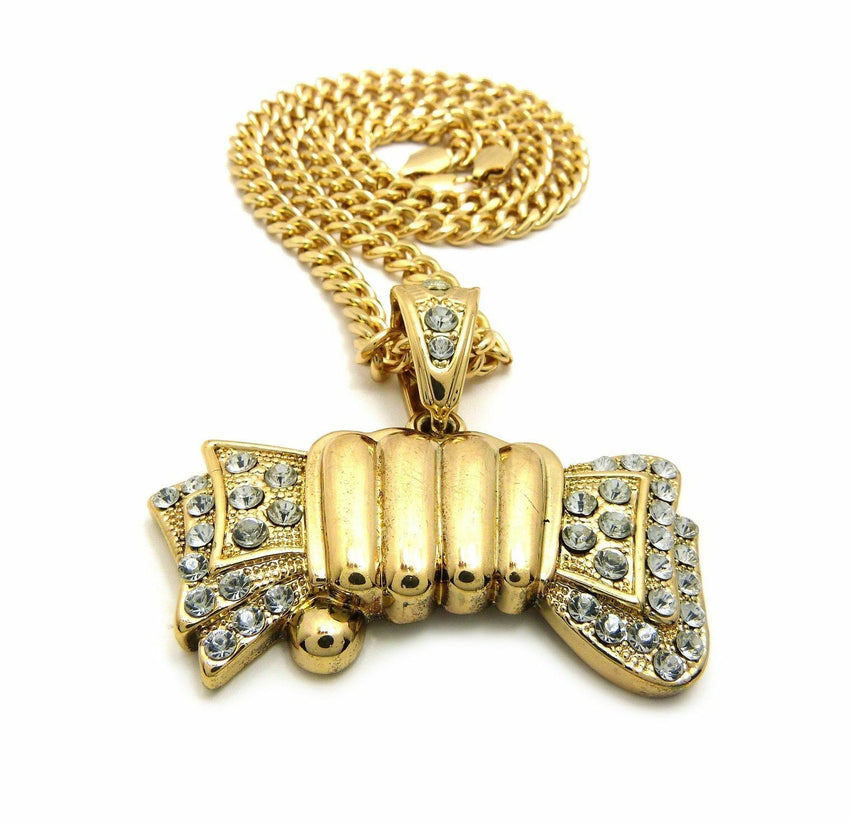 ICED OUT GOLD PLATED MONEY GRAB PENDANT & 6mm 24" CUBAN CHAIN HIP HOP NECKLACE