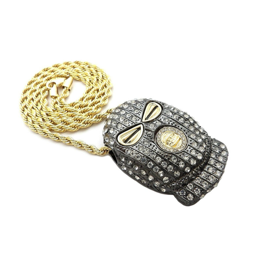 HIP HOP ICED OUT GOLD PT MASKED GOON PENDANT & 4mm 24" ROPE CHAIN NECKLACE