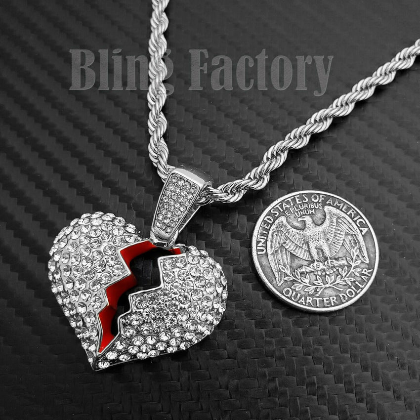 Hip Hop Iced out Broken Heart Charm Pendant & 4mm 24" Rope Chain Necklace