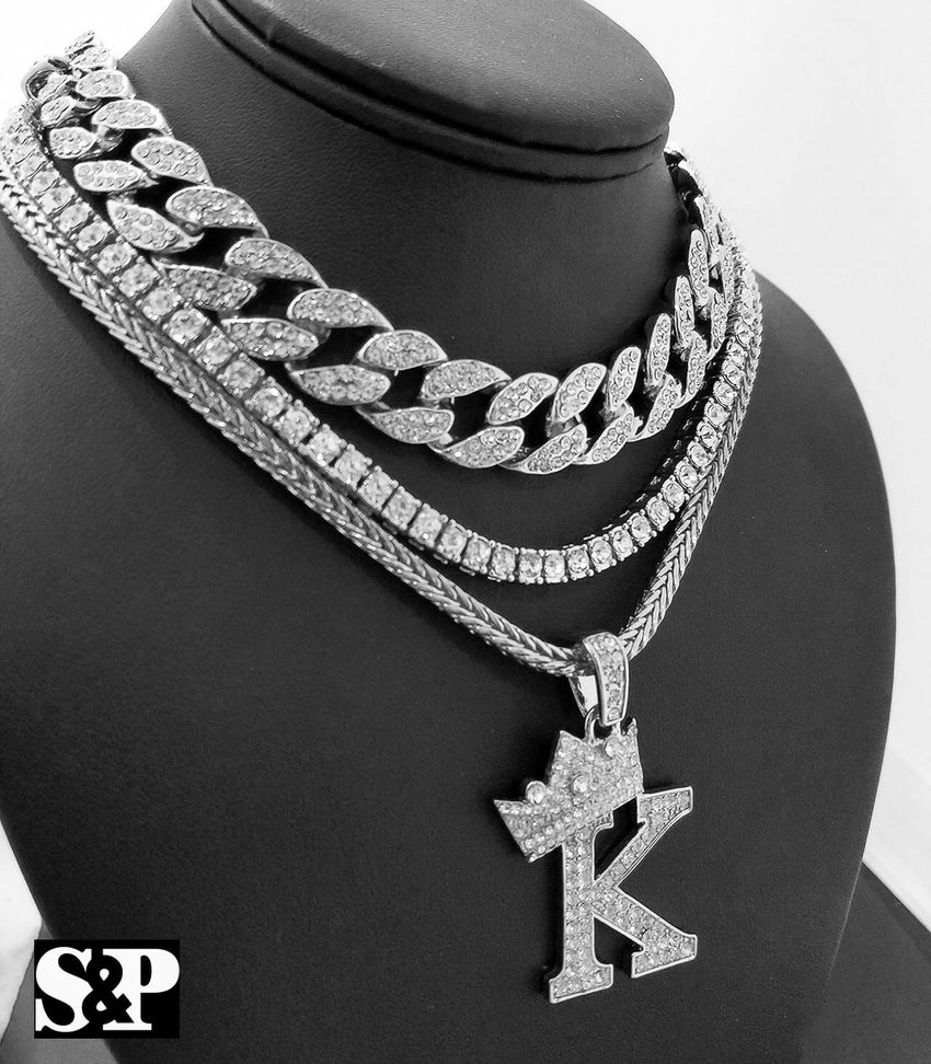 Quavo Choker 16" Full Iced Cuban & 1 ROW DIAMOND Hip Hop CHAIN & "K" Necklace