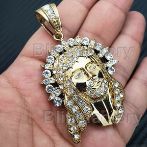 HIP HOP ICED OUT 14K GOLD PLATED BLING LAB DIAMOND JESUS HEAD PENDANT