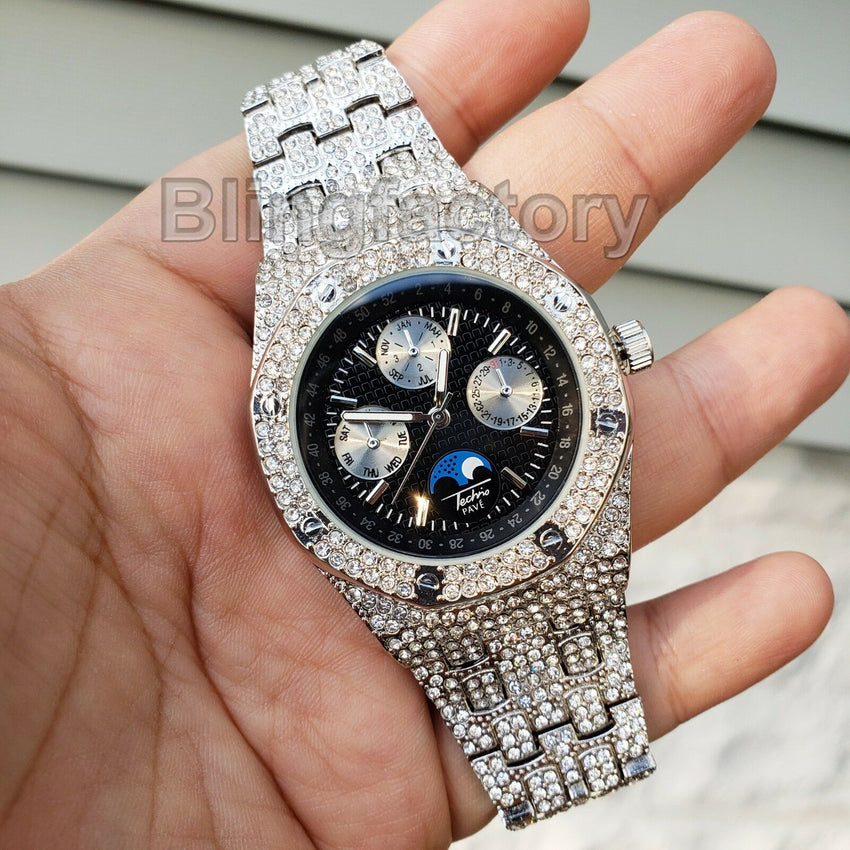 Men's White Gold plated Iced out Luxury MIGOS Rapper's Metal Band Clubbing Watch