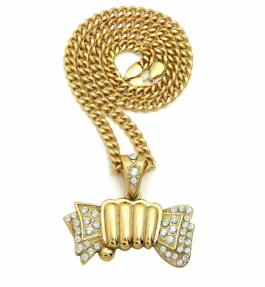 ICED OUT GOLD PLATED MONEY GRAB PENDANT & 6mm 24" CUBAN CHAIN HIP HOP NECKLACE