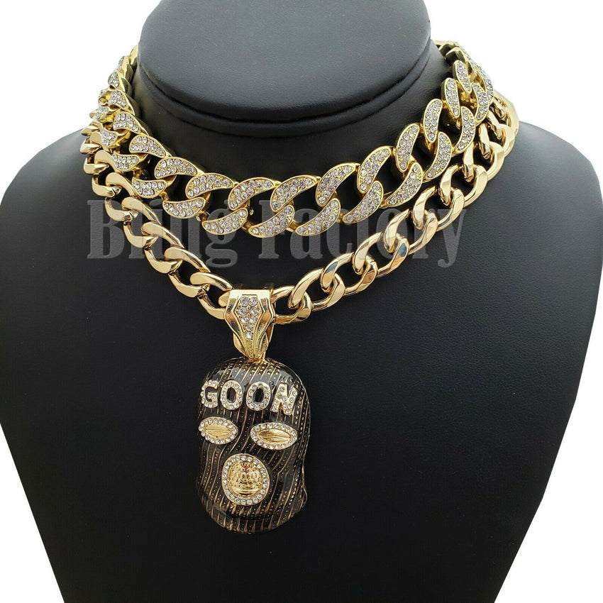 Hip Hop Rapper's Masked Goon Pendant & 18" Iced Cuban Choker Chain Necklace set