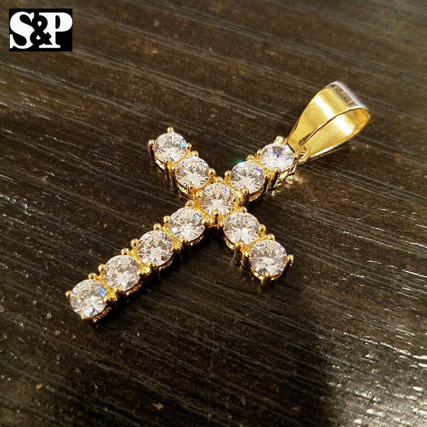 HIP HOP BLING STAINLESS STEEL ICED OUT LAB DIAMOND GOLD PLATED CROSS PENDANT