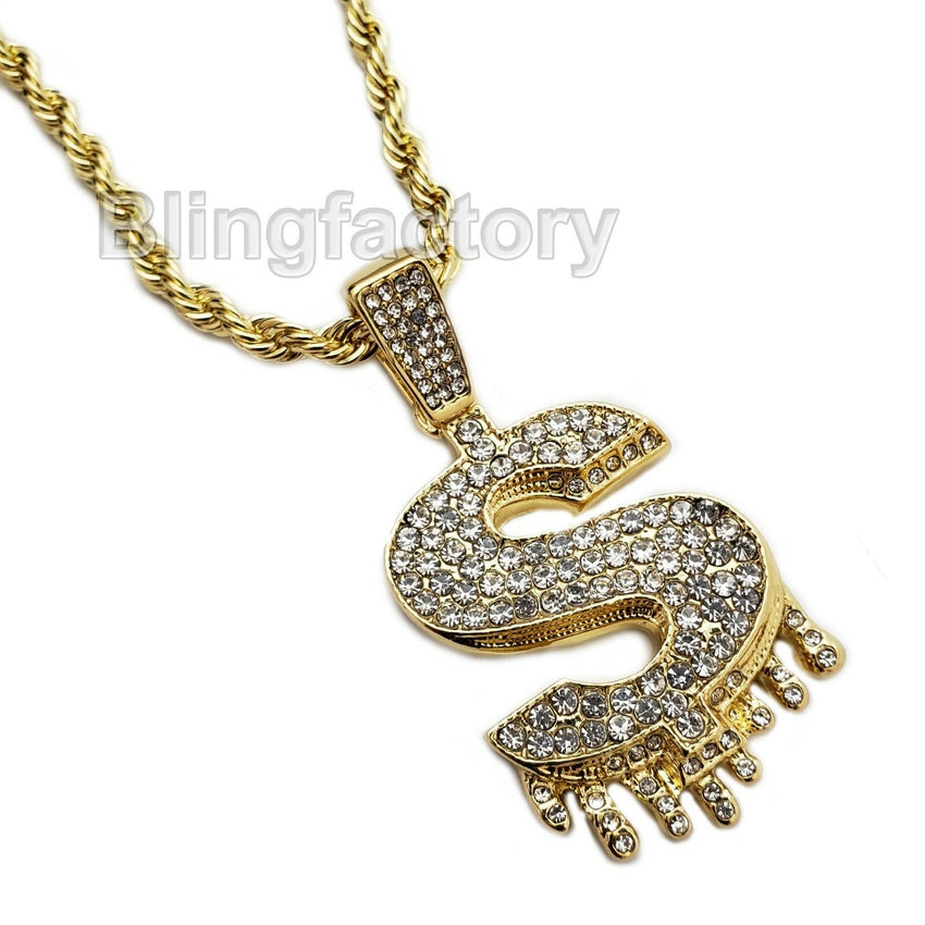 Hip Hop Iced out Lab Diamond $ Symbol Drip Pendant & 4mm 24" Rope Chain Necklace