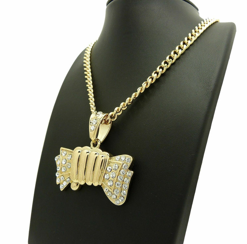 ICED OUT GOLD PLATED MONEY GRAB PENDANT & 6mm 24" CUBAN CHAIN HIP HOP NECKLACE