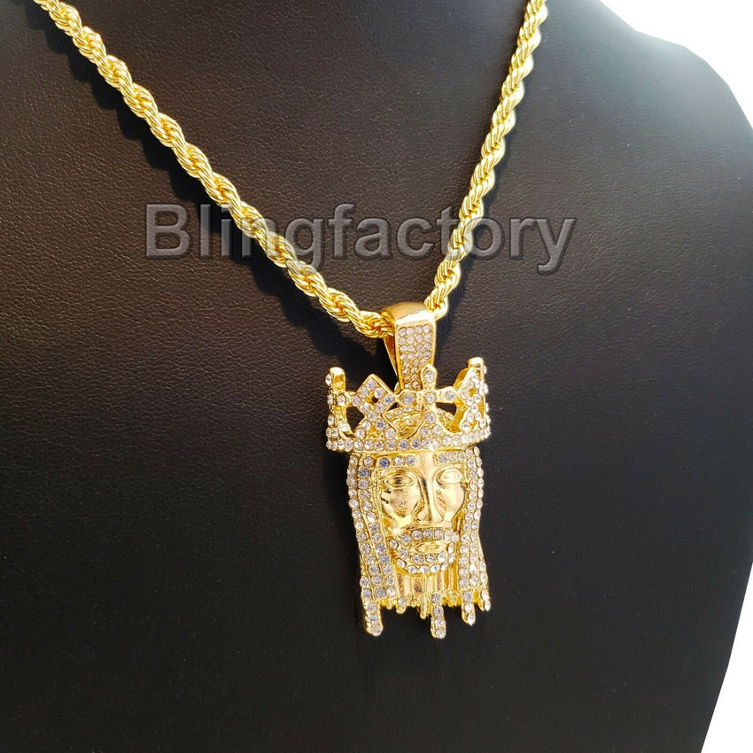 Hip Hop Iced out Lab Diamond Crowned Jesus Drip Pendant 24" Rope Chain Necklace