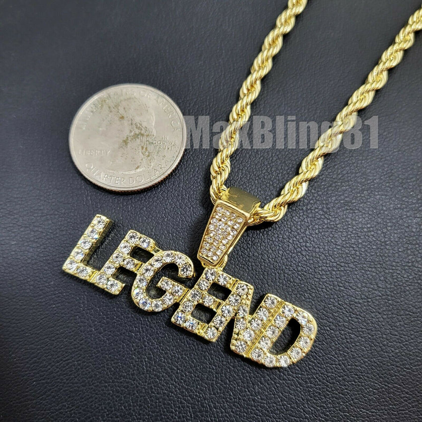 Hip Hop Jewelry Iced Gold Plated LEGEND Pendant & 4mm 24" Rope Chain Necklace