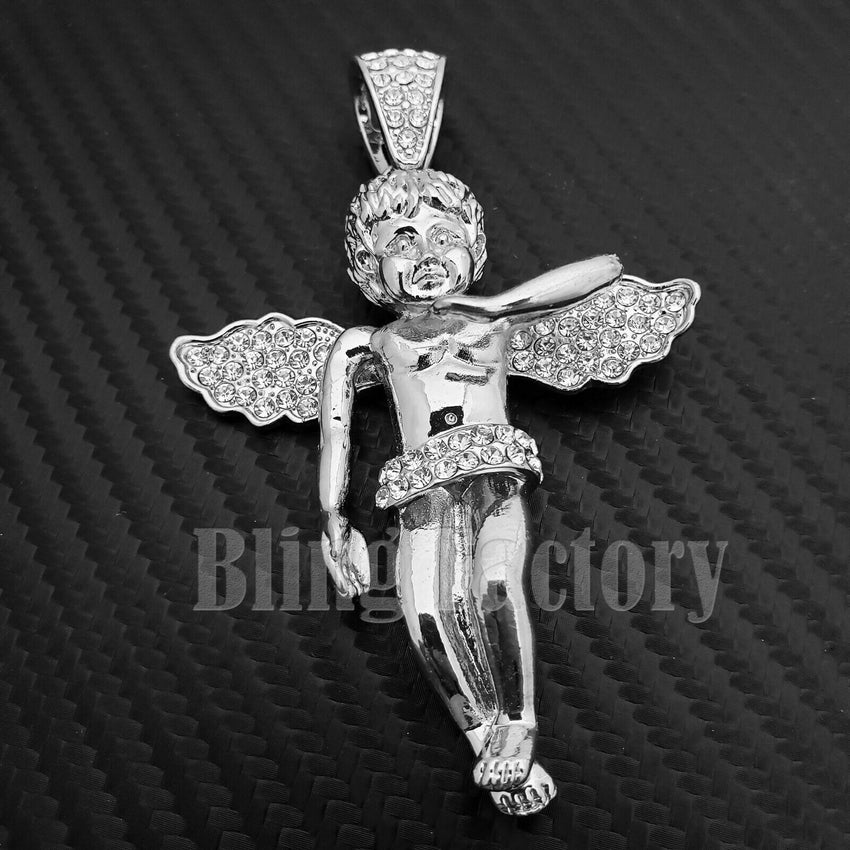 Hip Hop White Gold Plated Baby Angel Pendant & 10mm 18" 20" 24" Iced Baguette Chain Bling Necklace